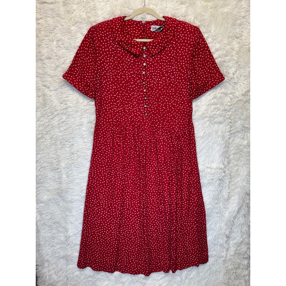 VTG Sunshine Starshine Red 80's Print Dress Peter Pan Collar Pleated sz 12 - Picture 6 of 10